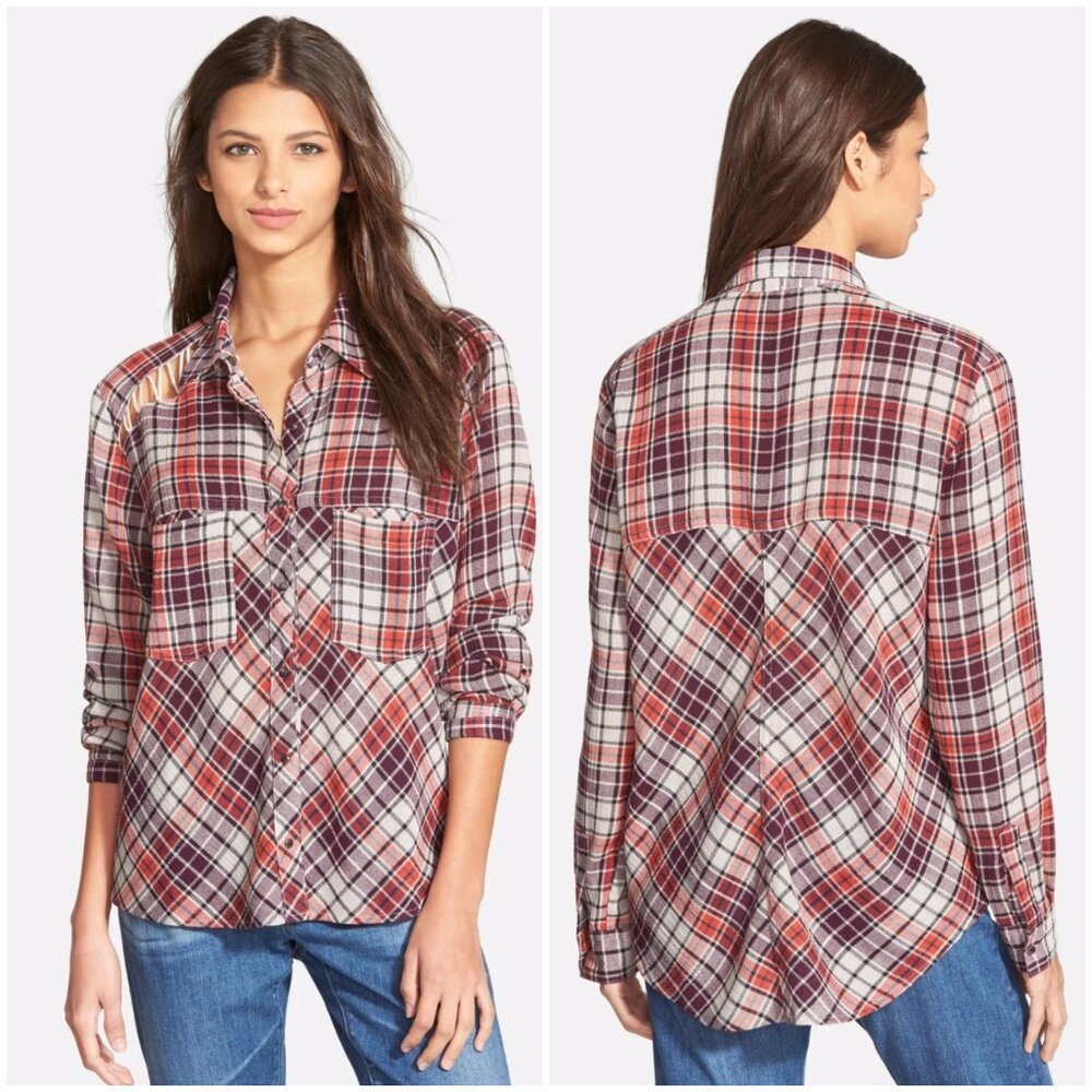 Free People Gauze Plaid Shirt Cutout Shoulder Western Boho 70s size L Relaxed